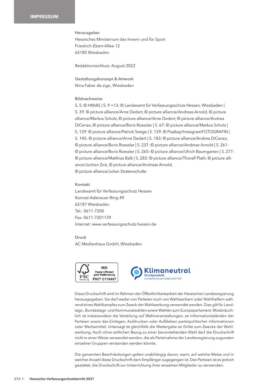 Seite 374 des Verfassungsschutzbericht 2021 Hessen