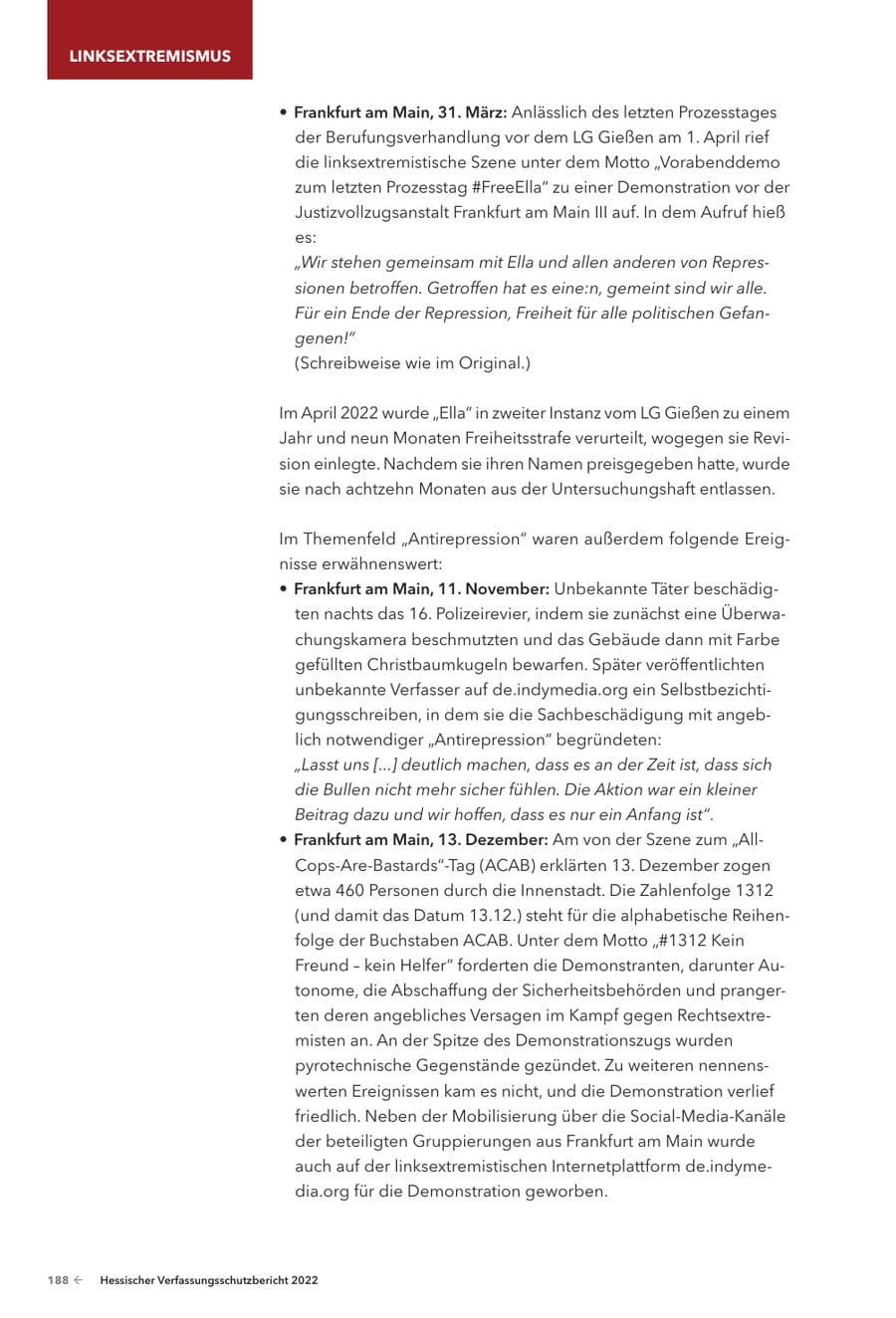 Seite 190 des Verfassungsschutzbericht 2022 Hessen