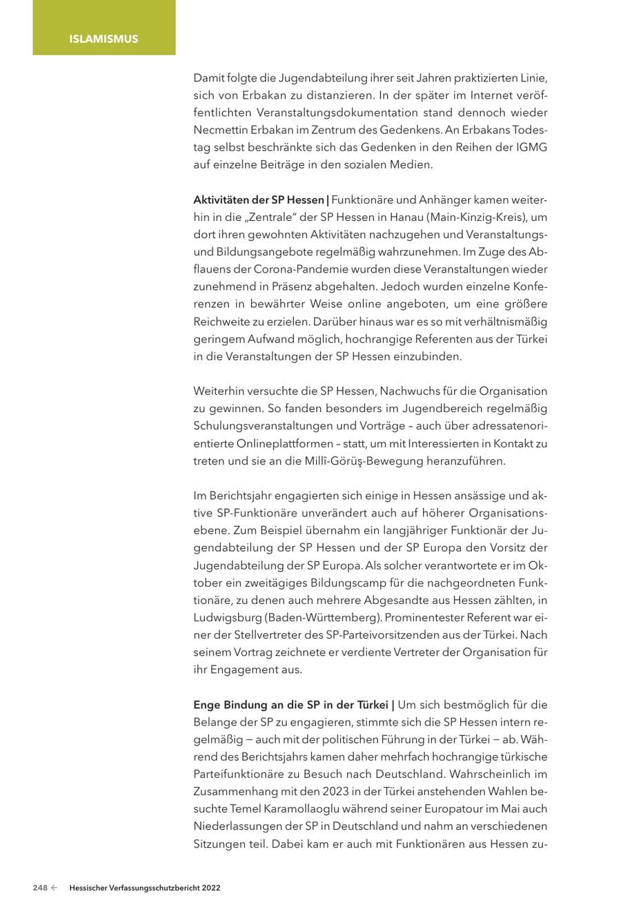 Seite 250 des Verfassungsschutzbericht 2022 Hessen
