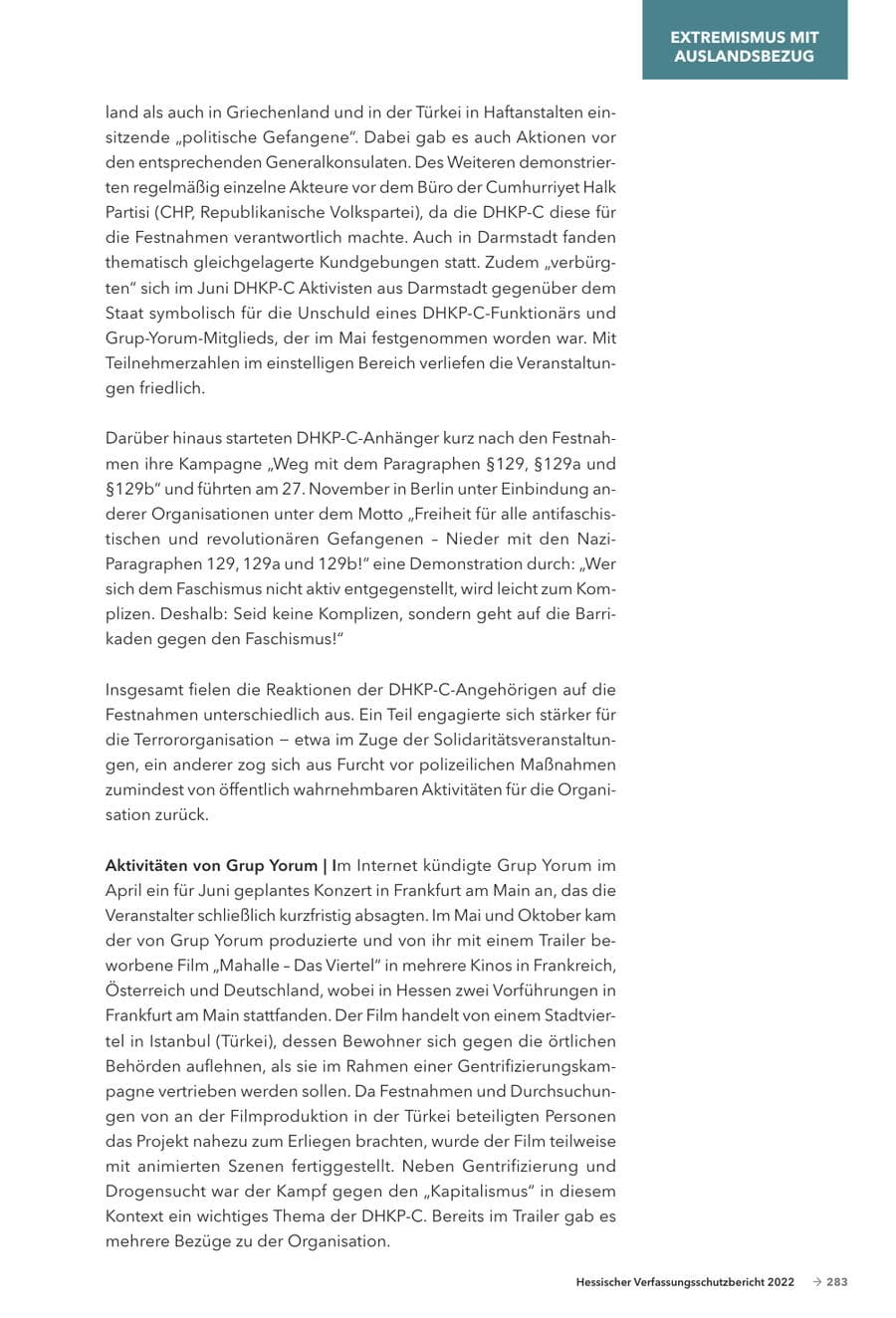 Seite 285 des Verfassungsschutzbericht 2022 Hessen