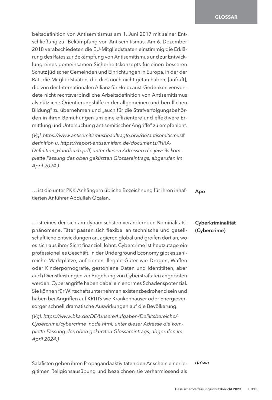 Seite 317 des Verfassungsschutzbericht 2023 Hessen