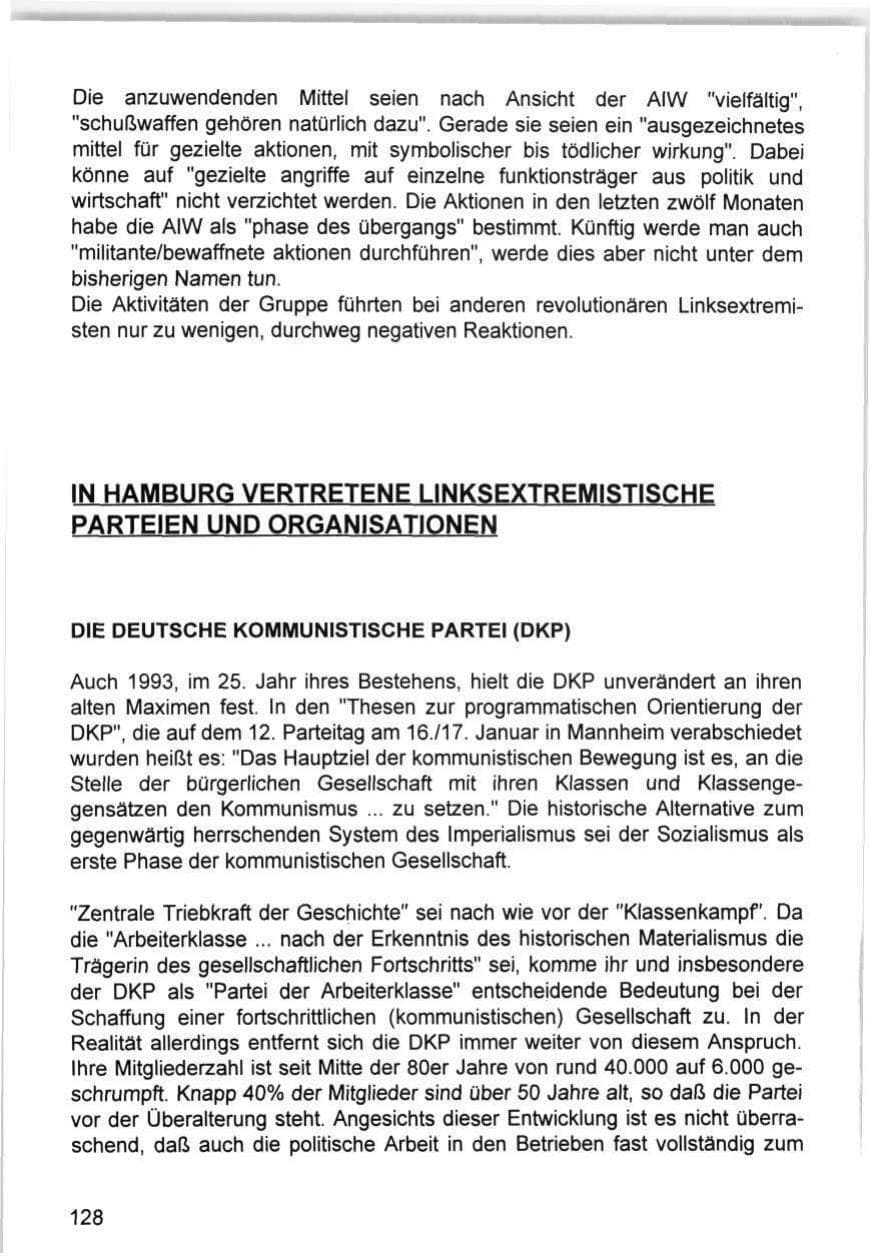Seite 128 des Verfassungsschutzbericht 1993 Hamburg