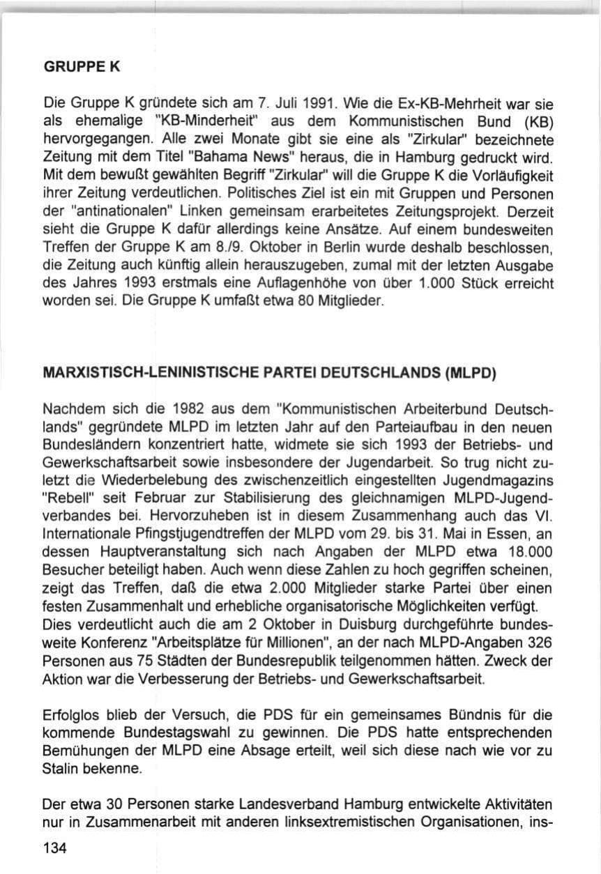 Seite 134 des Verfassungsschutzbericht 1993 Hamburg