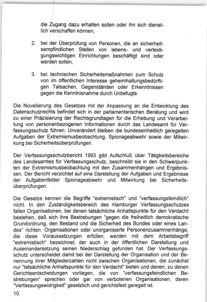 Seite 10 des Verfassungsschutzbericht 1993 Hamburg
