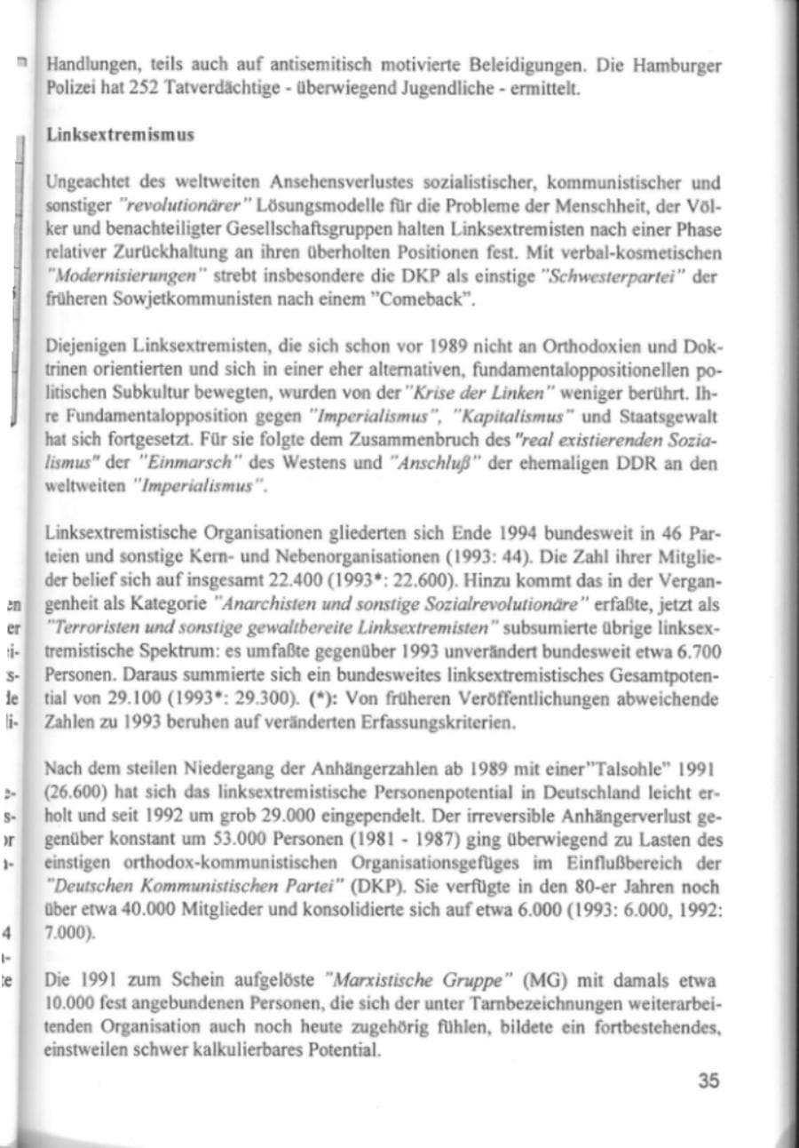 Seite 38 des Verfassungsschutzbericht 1994 Hamburg
