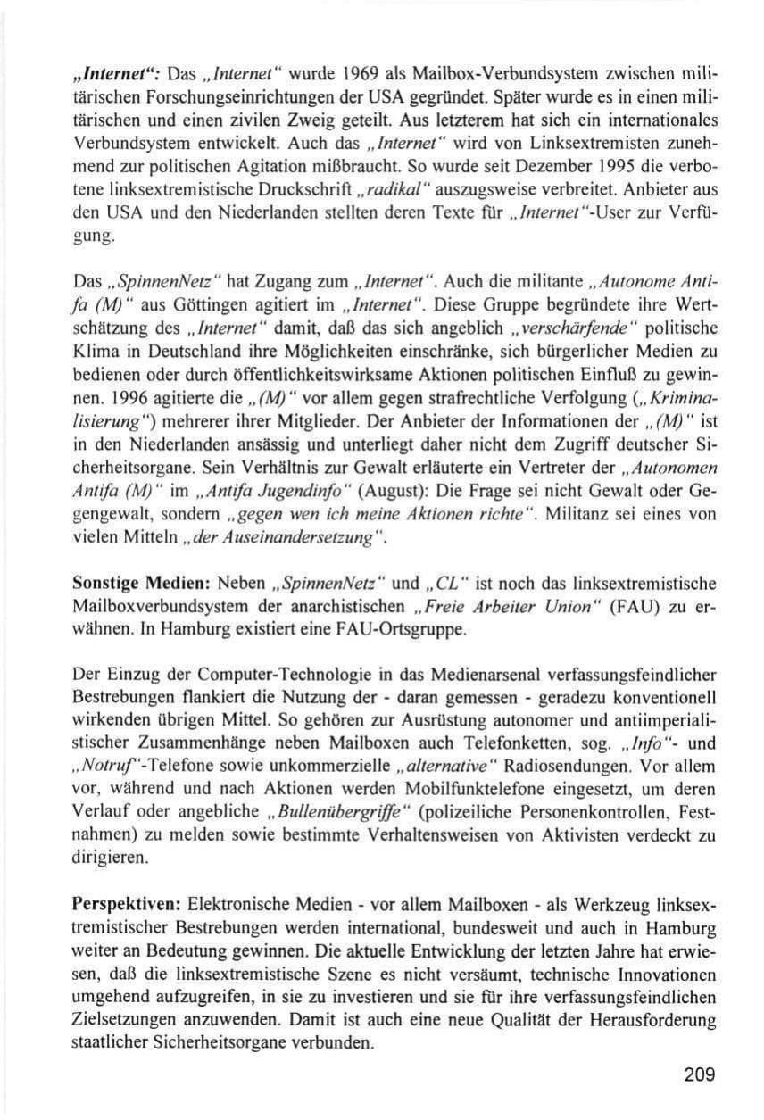 Seite 209 des Verfassungsschutzbericht 1996 Hamburg
