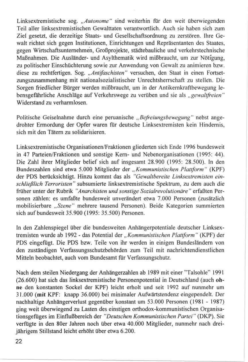 Seite 22 des Verfassungsschutzbericht 1996 Hamburg