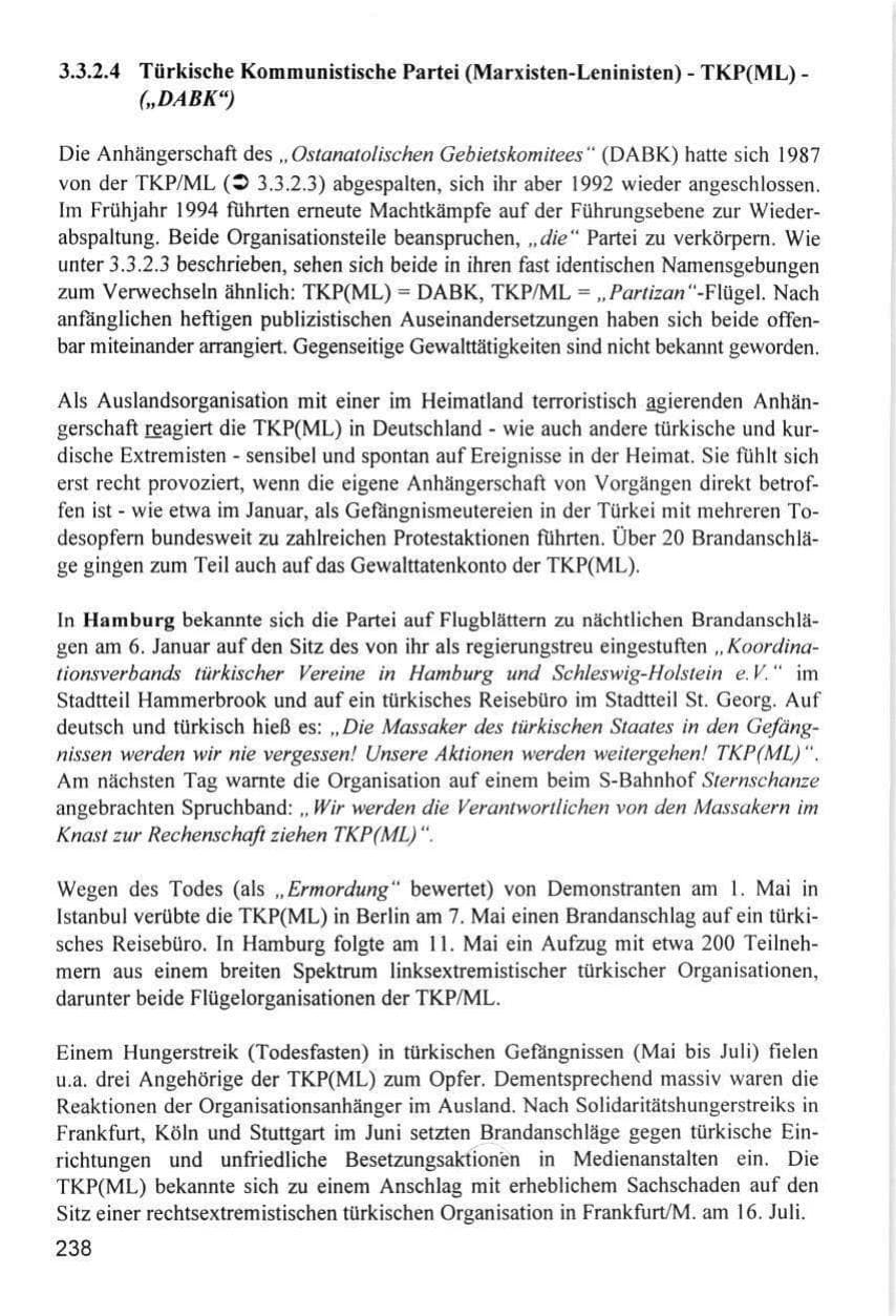 Seite 238 des Verfassungsschutzbericht 1996 Hamburg