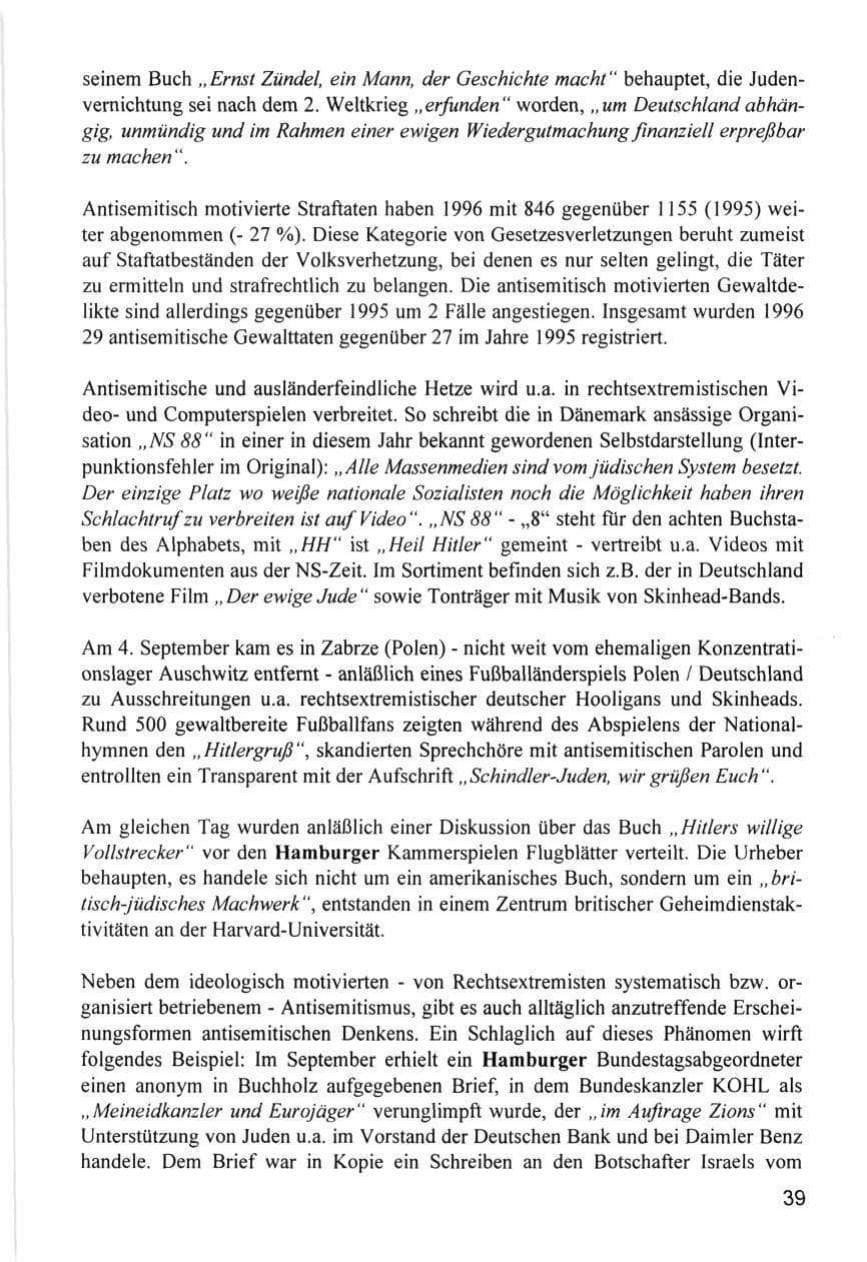 Seite 39 des Verfassungsschutzbericht 1996 Hamburg
