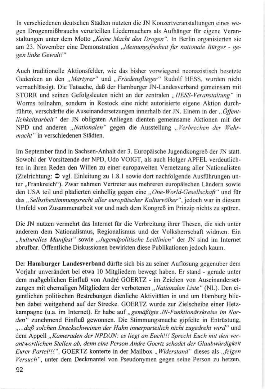 Seite 92 des Verfassungsschutzbericht 1996 Hamburg
