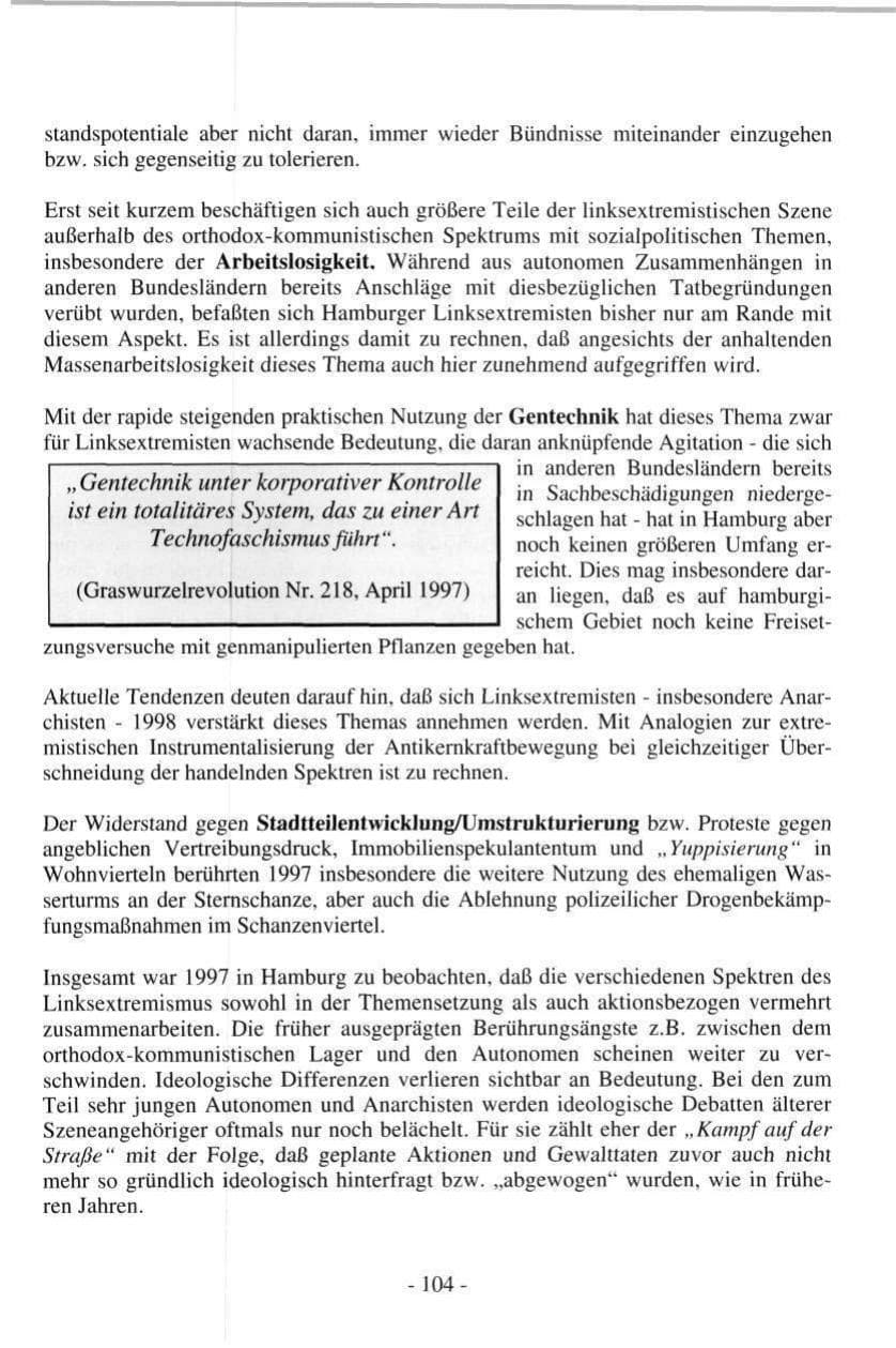 Seite 104 des Verfassungsschutzbericht 1997 Hamburg