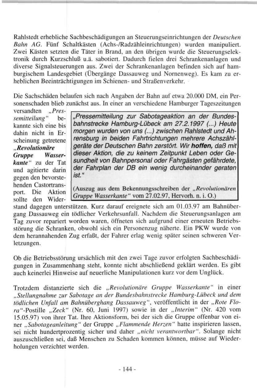 Seite 144 des Verfassungsschutzbericht 1997 Hamburg
