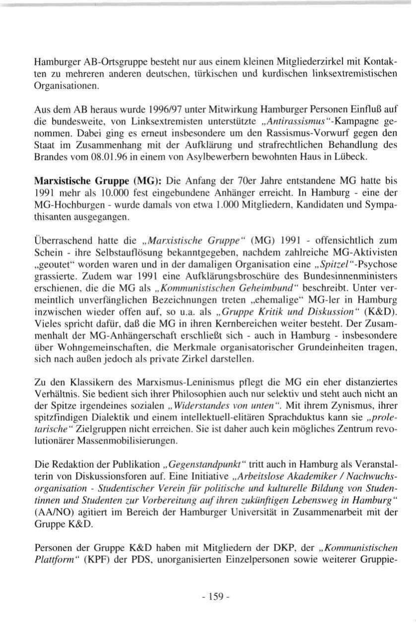 Seite 159 des Verfassungsschutzbericht 1997 Hamburg