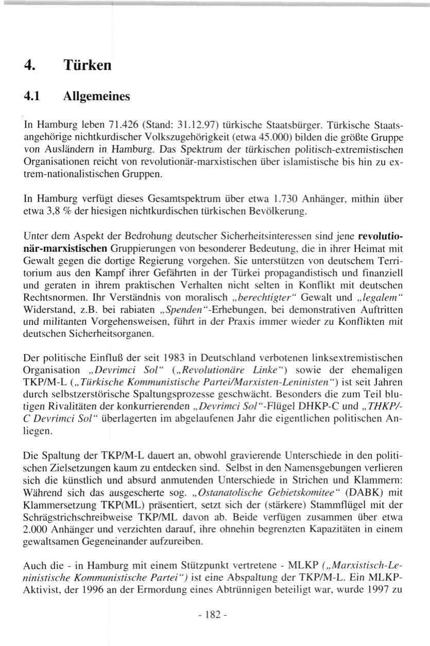 Seite 182 des Verfassungsschutzbericht 1997 Hamburg