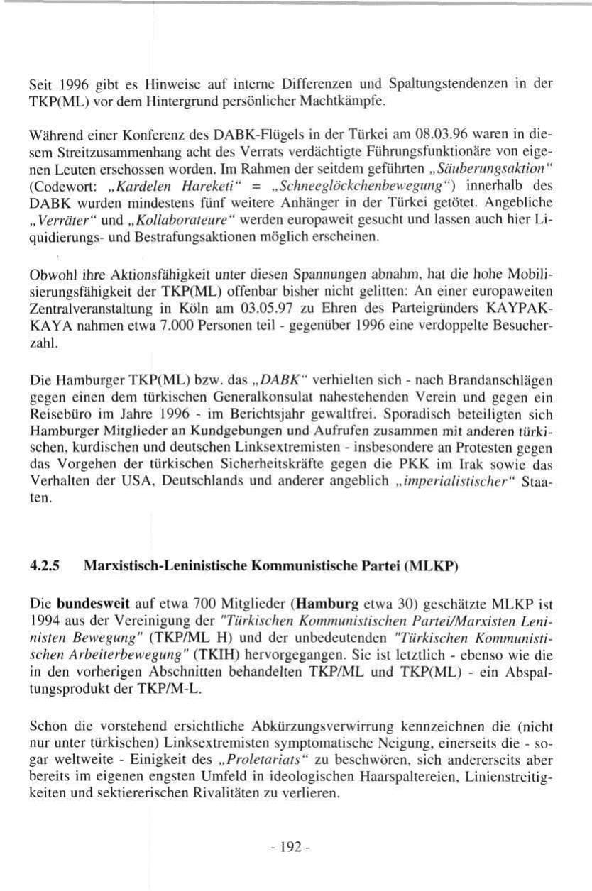 Seite 190 des Verfassungsschutzbericht 1997 Hamburg