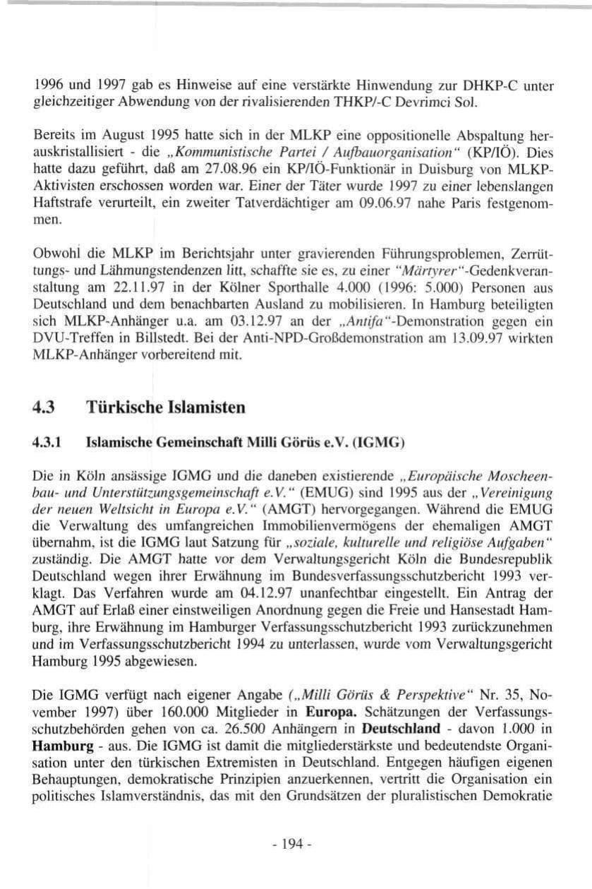 Seite 192 des Verfassungsschutzbericht 1997 Hamburg