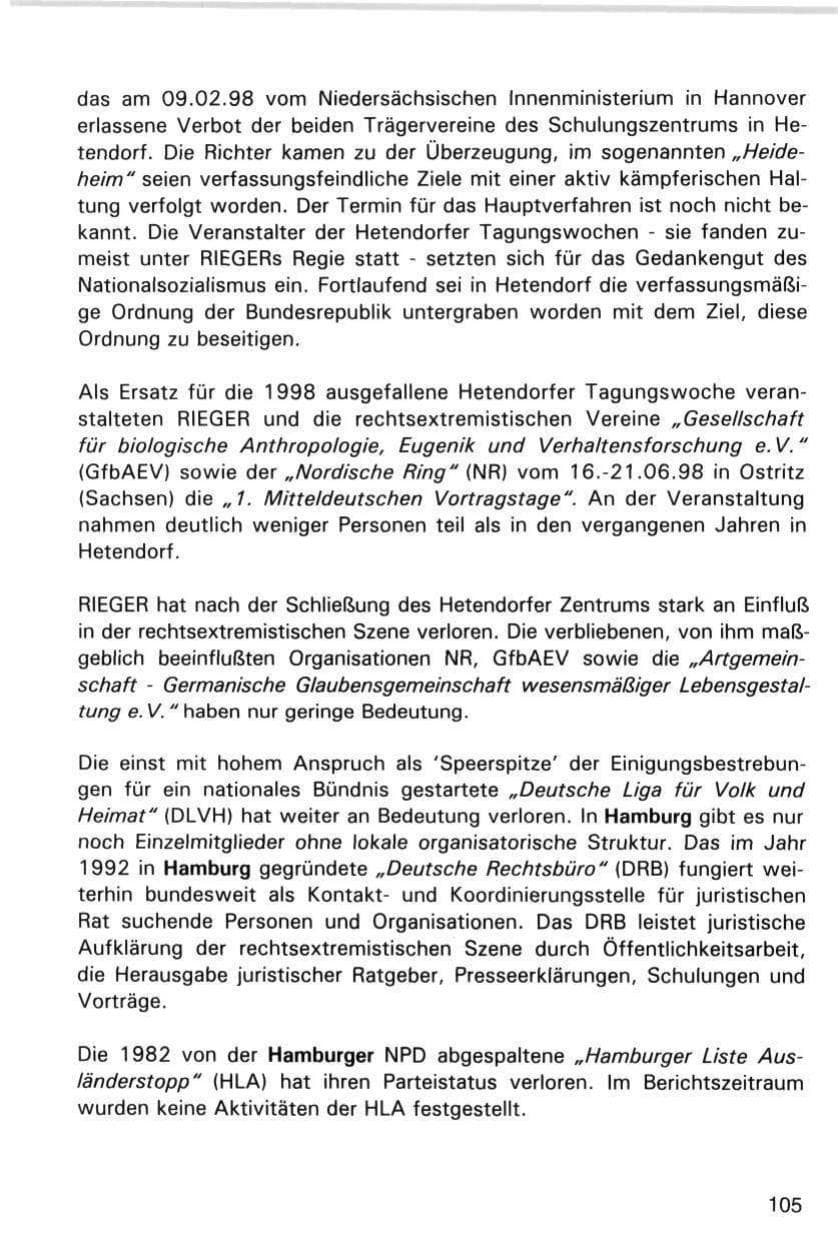 Seite 105 des Verfassungsschutzbericht 1998 Hamburg