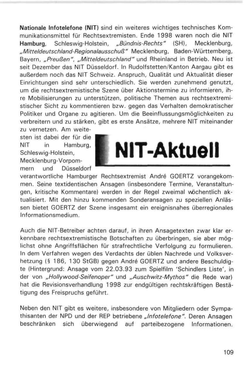 Seite 109 des Verfassungsschutzbericht 1998 Hamburg