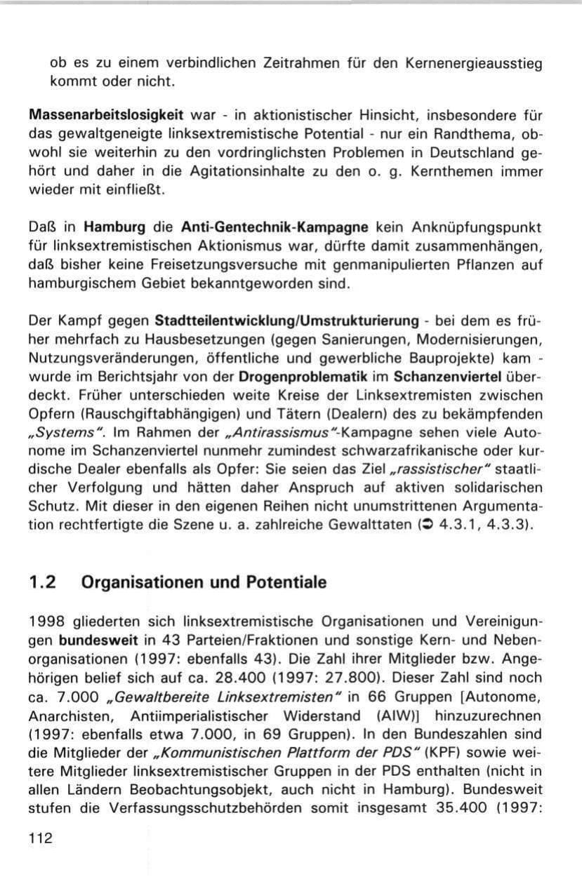 Seite 112 des Verfassungsschutzbericht 1998 Hamburg