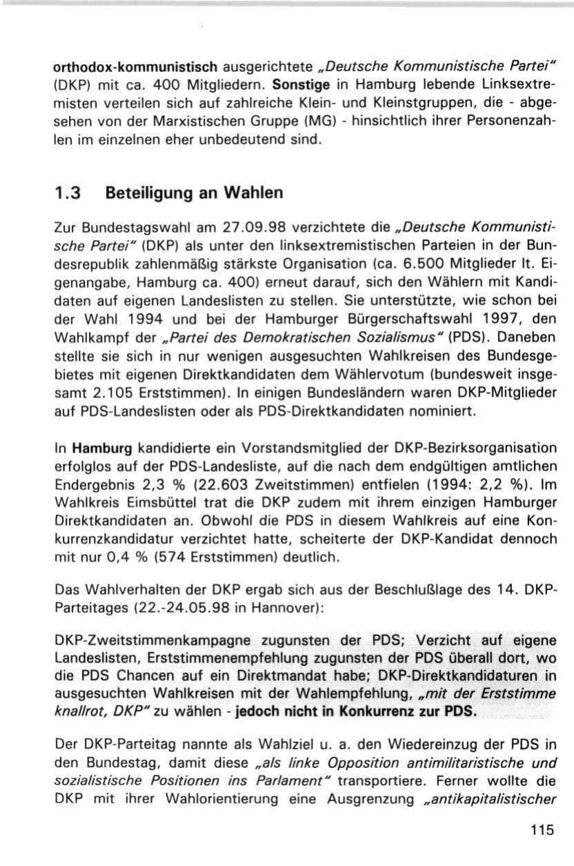 Seite 115 des Verfassungsschutzbericht 1998 Hamburg