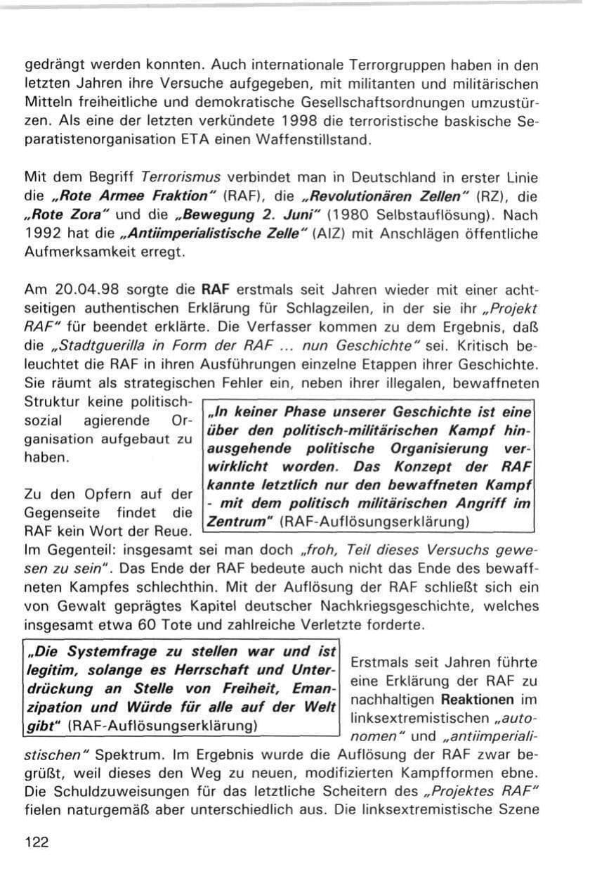 Seite 122 des Verfassungsschutzbericht 1998 Hamburg
