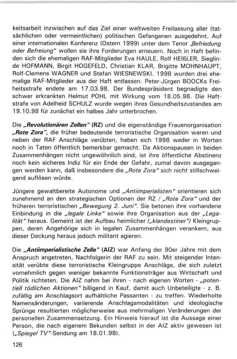 Seite 126 des Verfassungsschutzbericht 1998 Hamburg