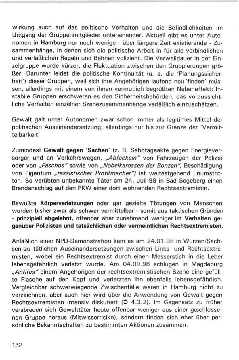 Seite 132 des Verfassungsschutzbericht 1998 Hamburg