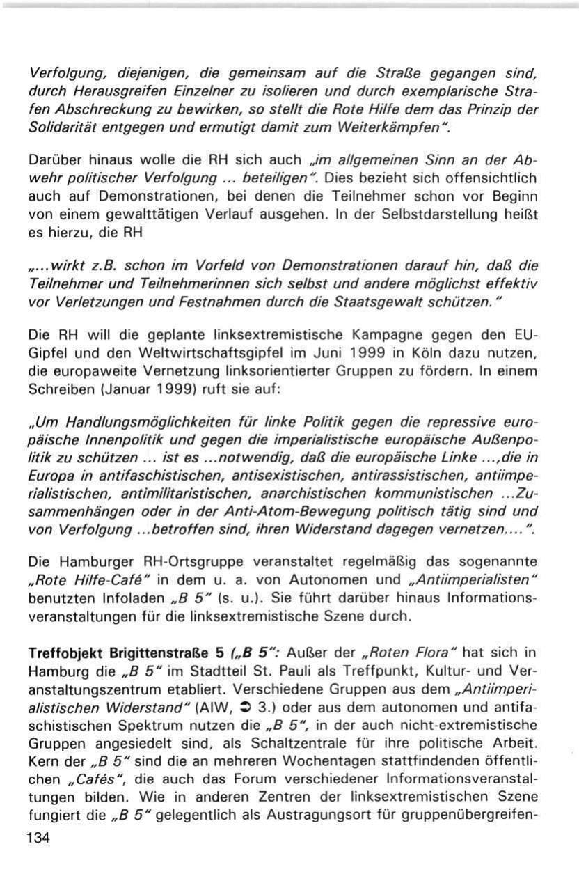 Seite 134 des Verfassungsschutzbericht 1998 Hamburg