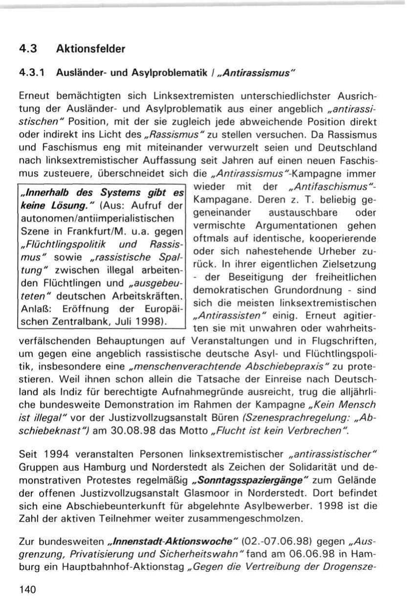 Seite 140 des Verfassungsschutzbericht 1998 Hamburg