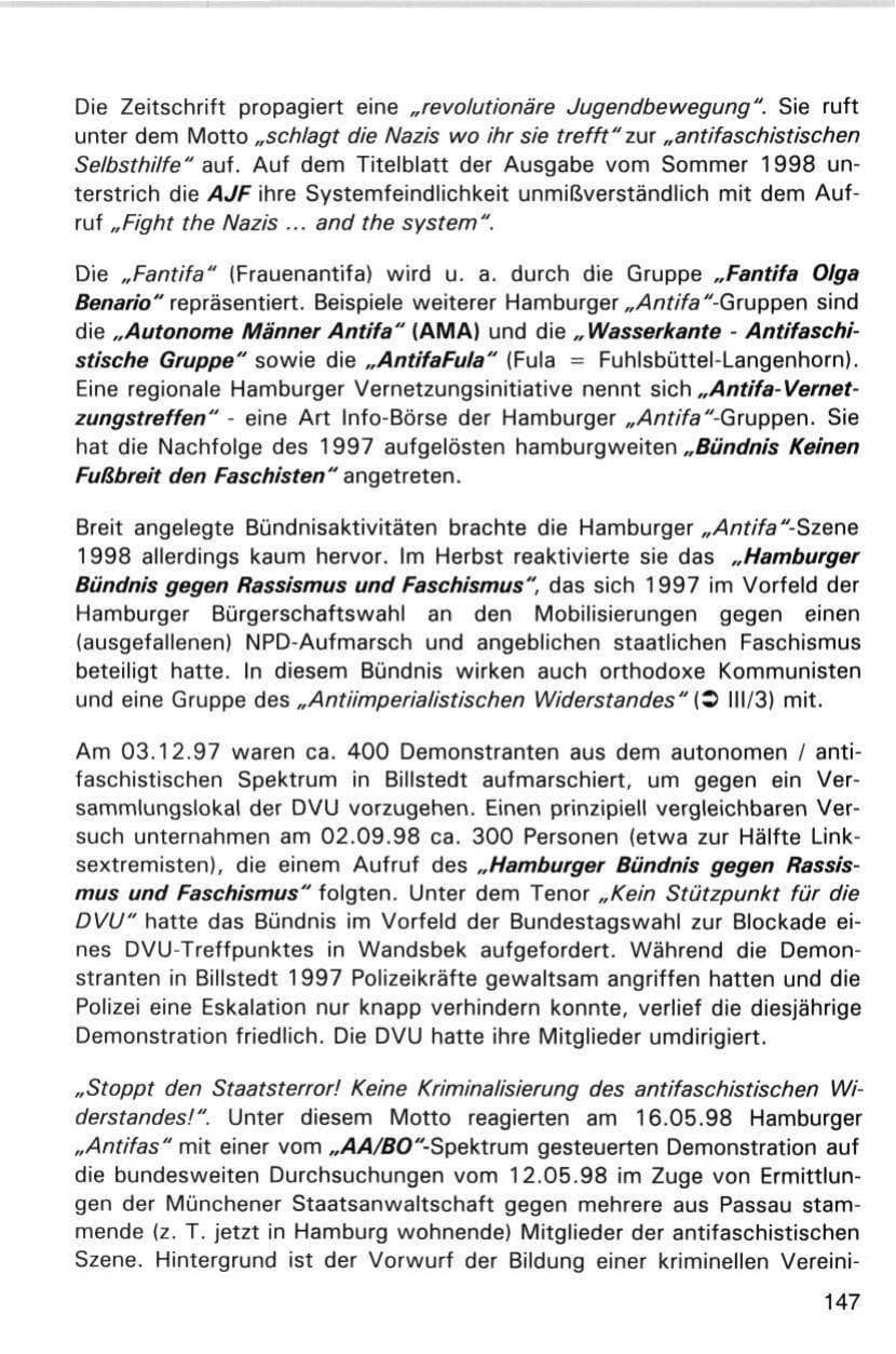 Seite 147 des Verfassungsschutzbericht 1998 Hamburg