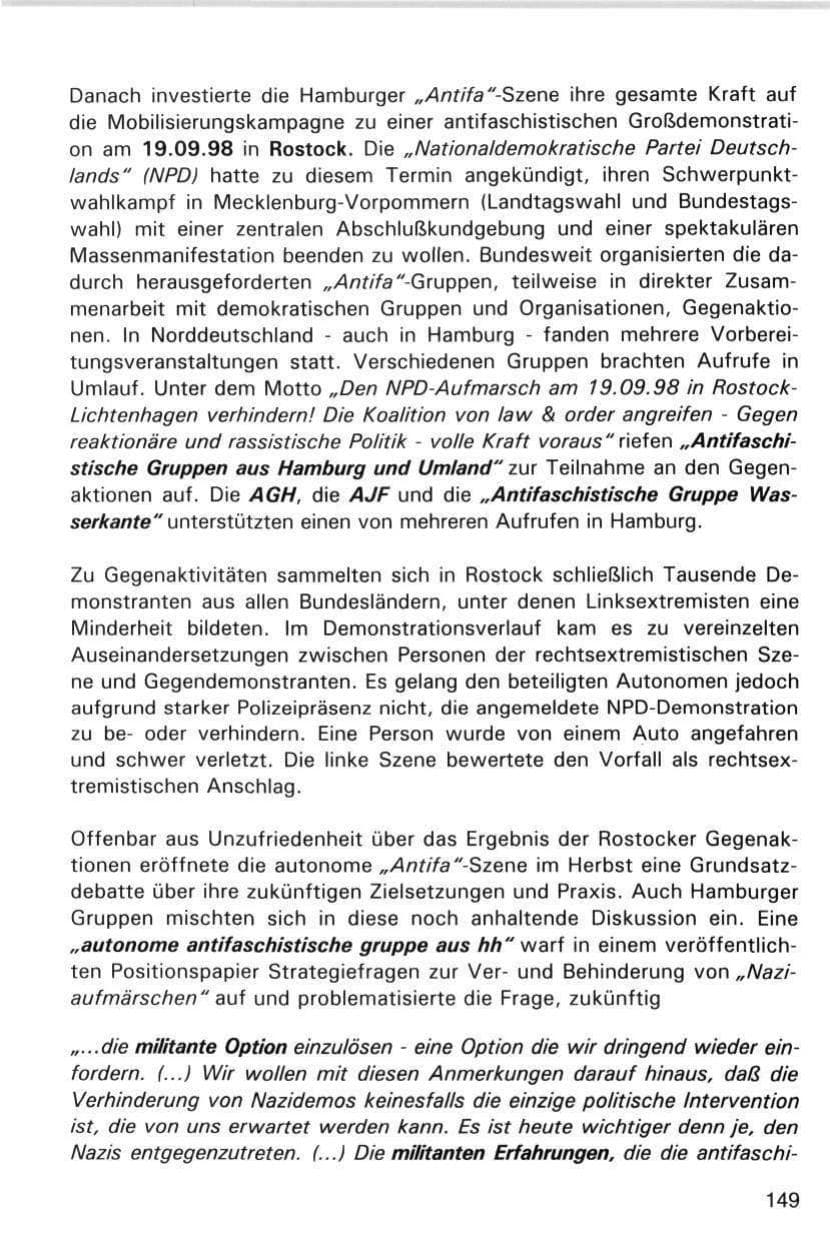 Seite 149 des Verfassungsschutzbericht 1998 Hamburg