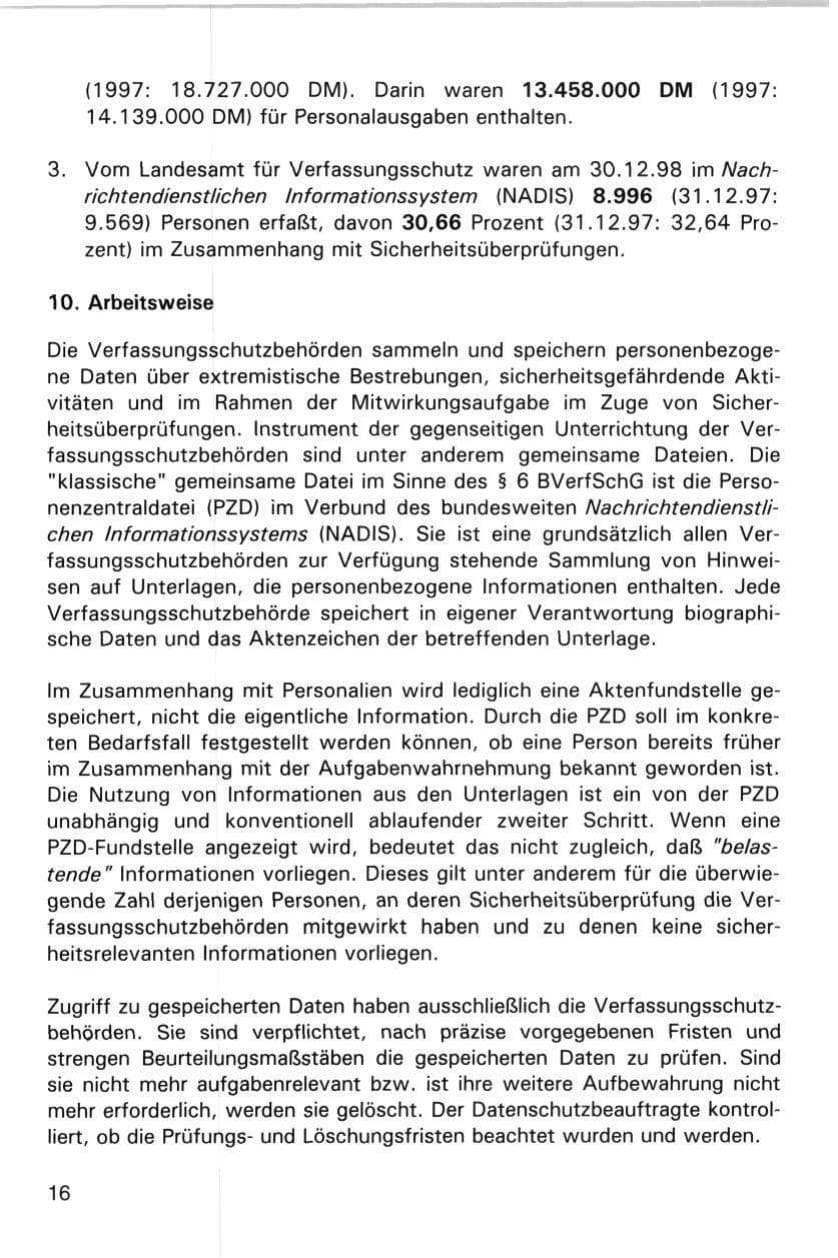 Seite 16 des Verfassungsschutzbericht 1998 Hamburg