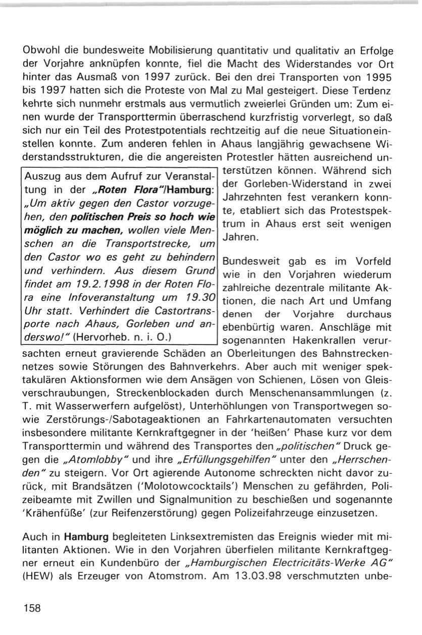 Seite 158 des Verfassungsschutzbericht 1998 Hamburg