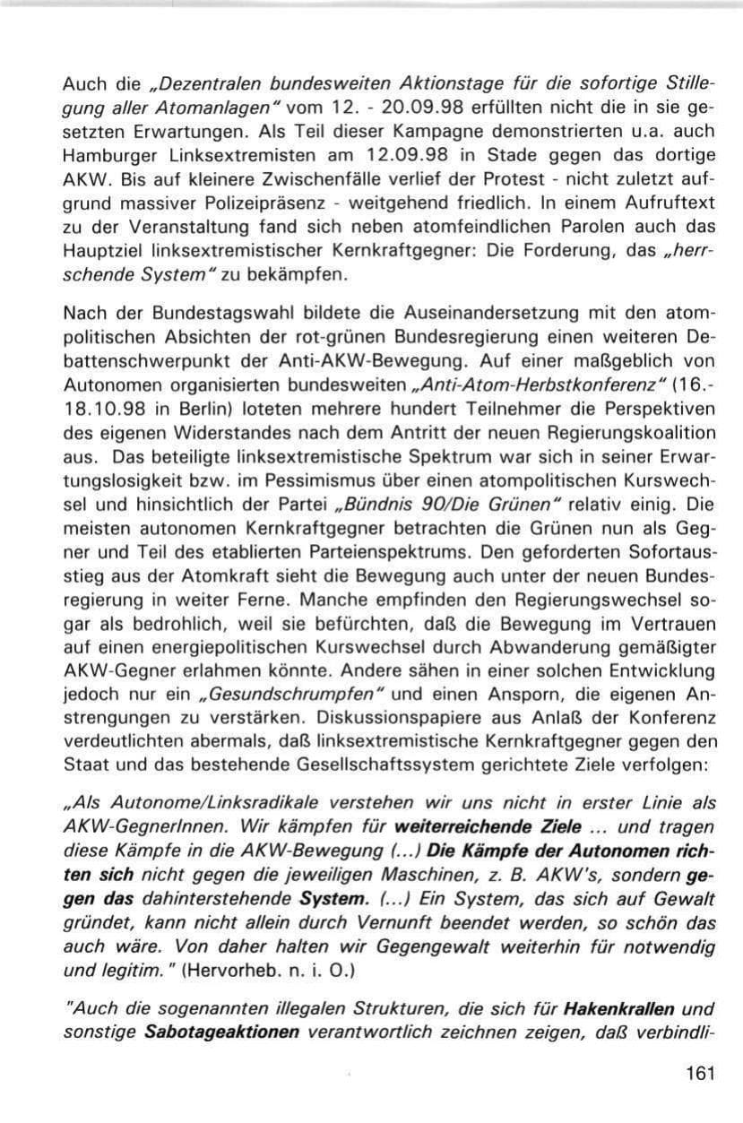 Seite 161 des Verfassungsschutzbericht 1998 Hamburg