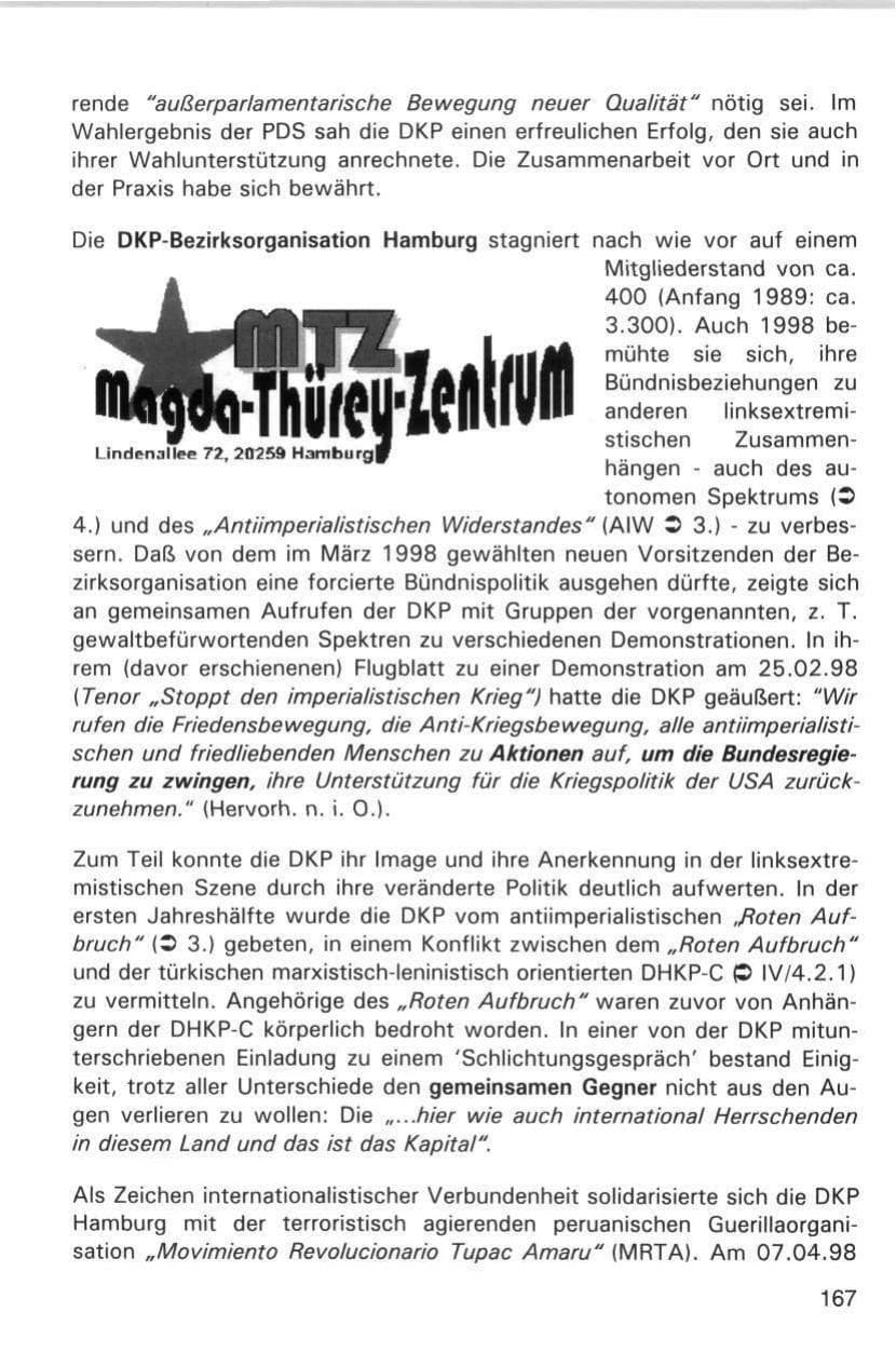 Seite 167 des Verfassungsschutzbericht 1998 Hamburg
