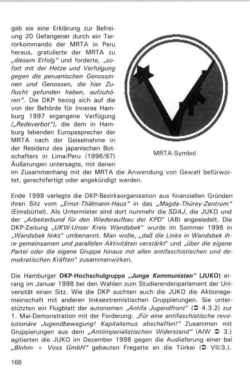 Seite 168 des Verfassungsschutzbericht 1998 Hamburg