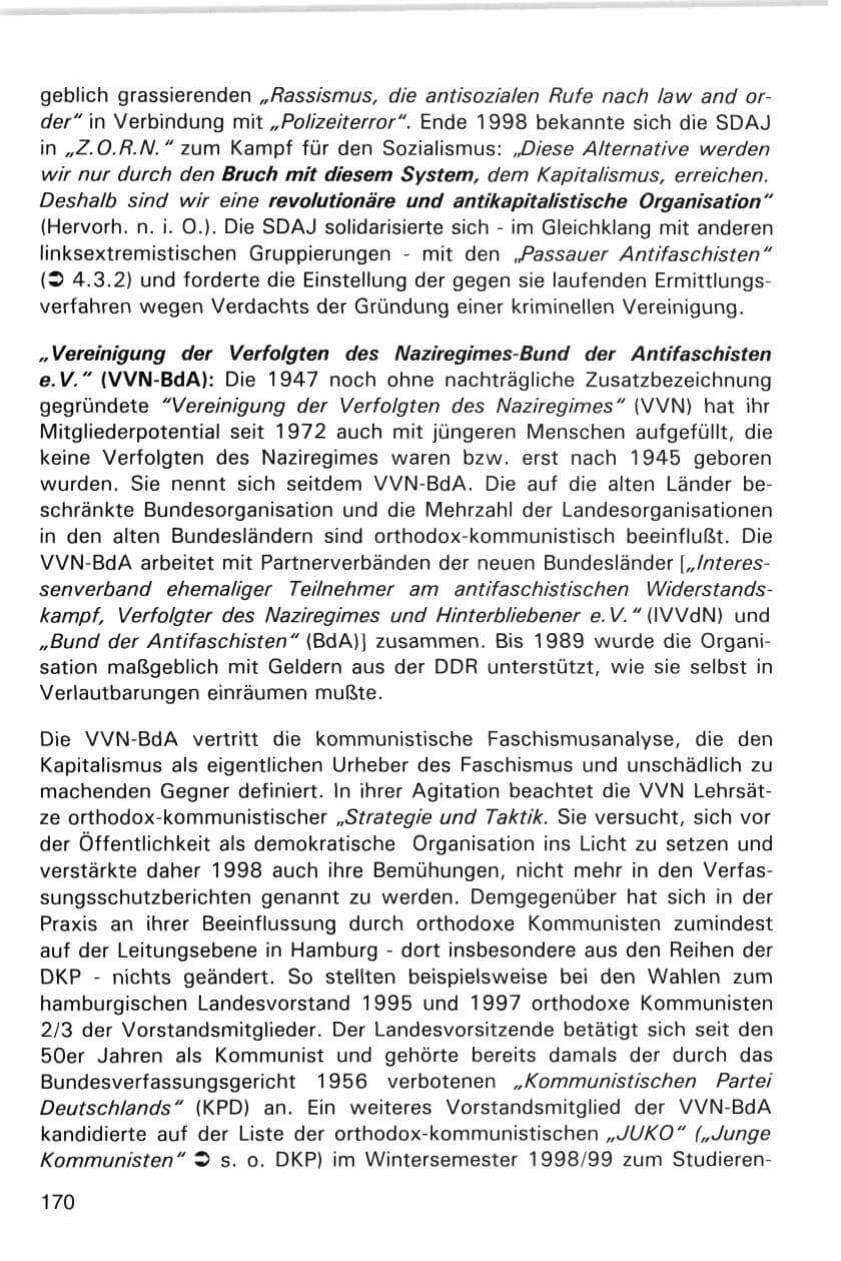 Seite 170 des Verfassungsschutzbericht 1998 Hamburg