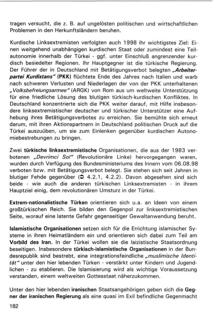 Seite 182 des Verfassungsschutzbericht 1998 Hamburg