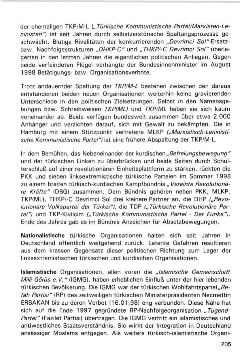 Seite 205 des Verfassungsschutzbericht 1998 Hamburg