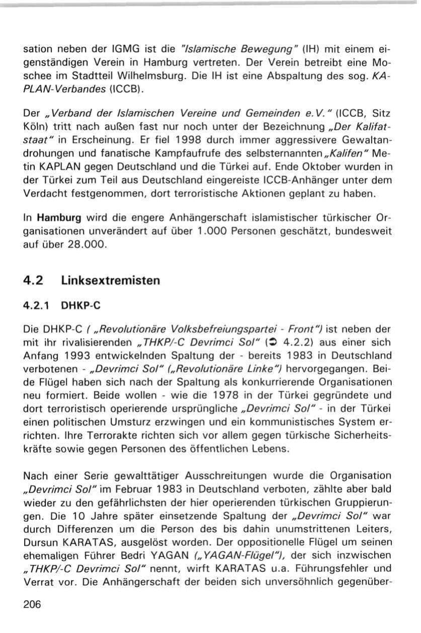 Seite 206 des Verfassungsschutzbericht 1998 Hamburg