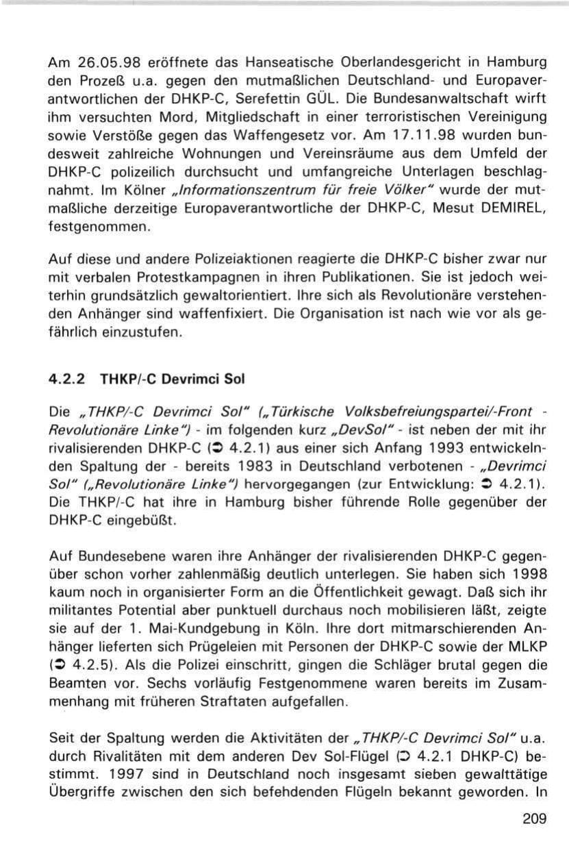 Seite 209 des Verfassungsschutzbericht 1998 Hamburg