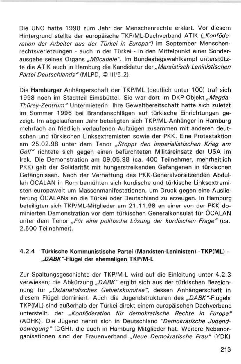 Seite 213 des Verfassungsschutzbericht 1998 Hamburg