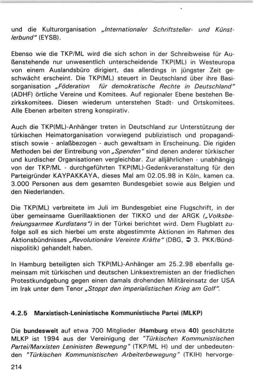 Seite 214 des Verfassungsschutzbericht 1998 Hamburg