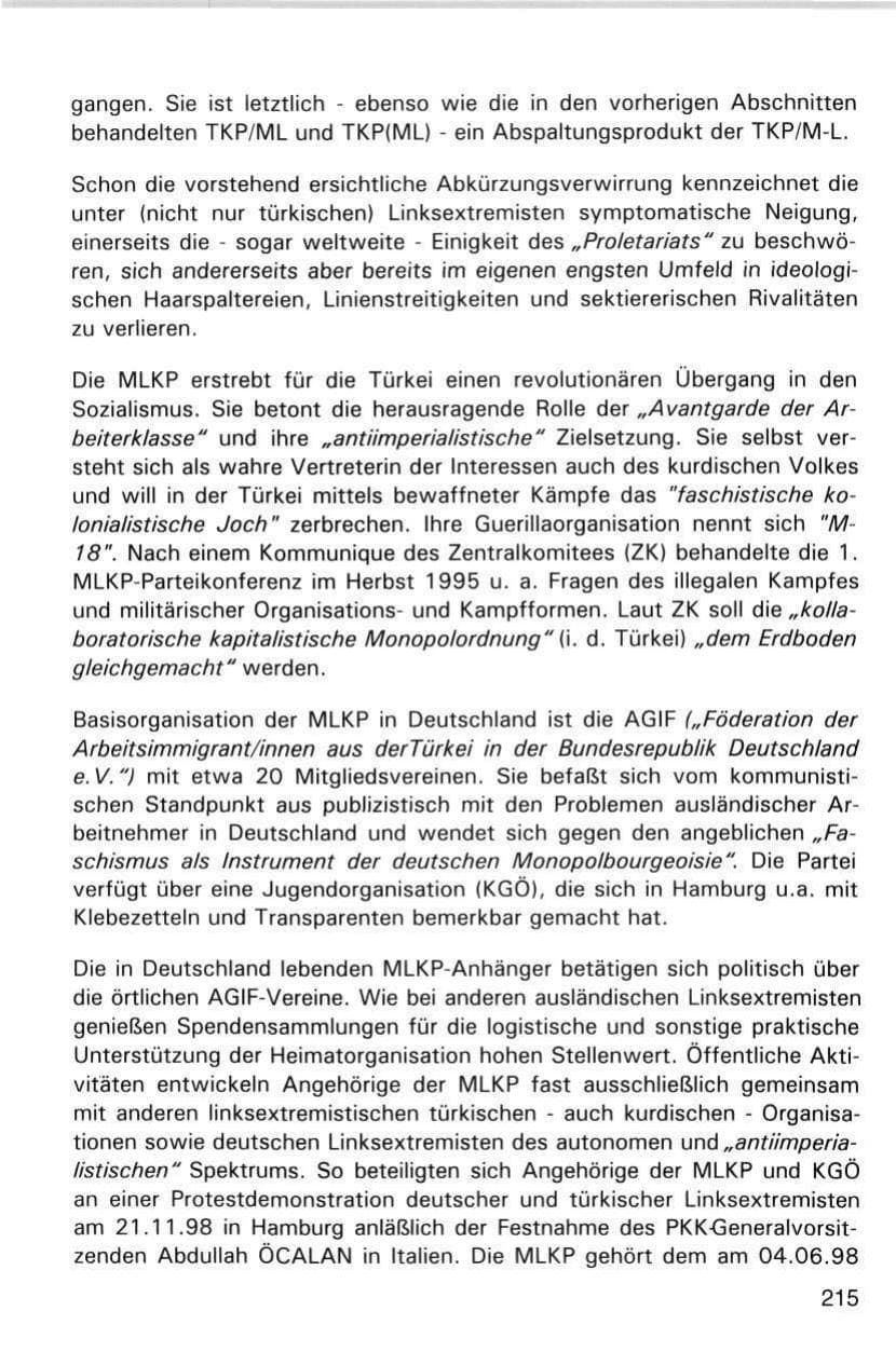 Seite 215 des Verfassungsschutzbericht 1998 Hamburg