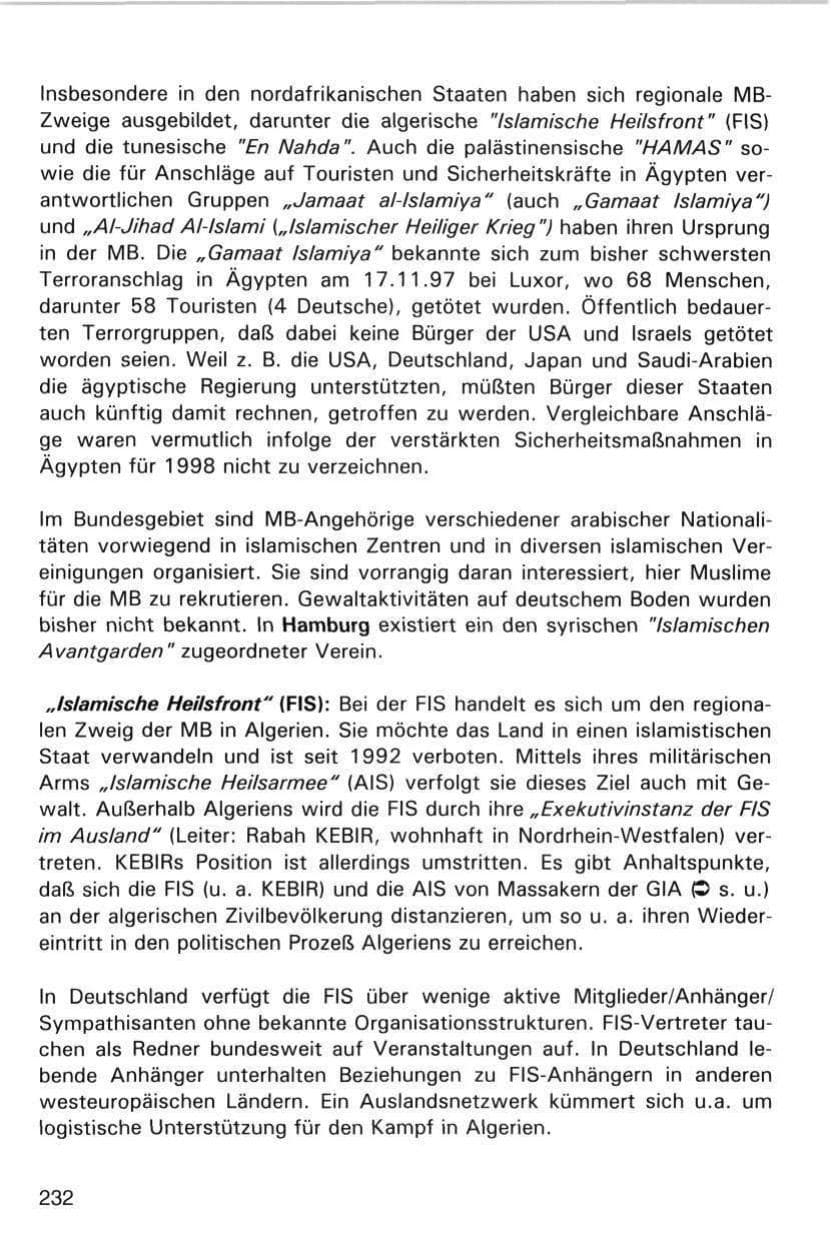 Seite 232 des Verfassungsschutzbericht 1998 Hamburg