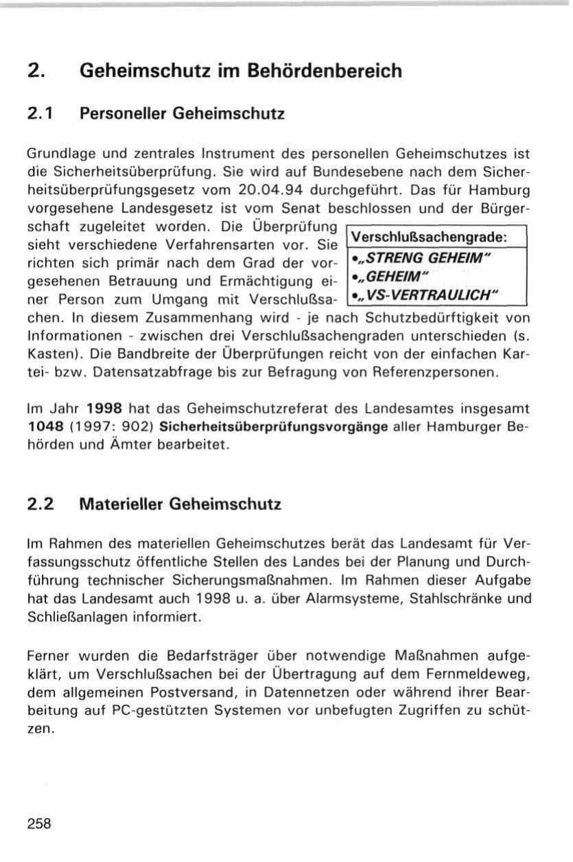 Seite 258 des Verfassungsschutzbericht 1998 Hamburg