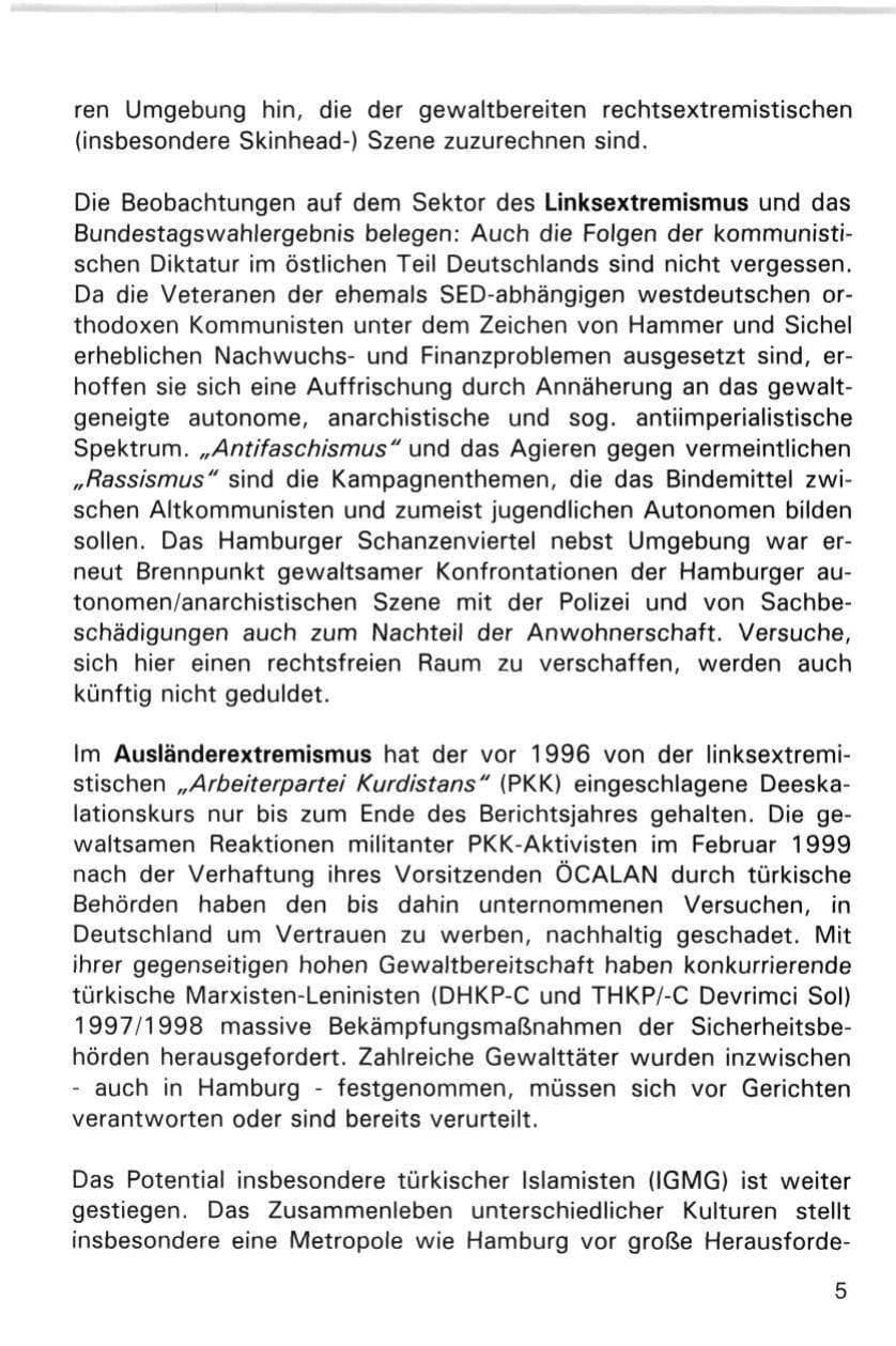 Seite 5 des Verfassungsschutzbericht 1998 Hamburg