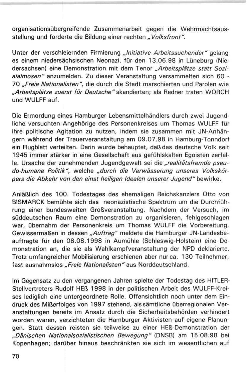 Seite 70 des Verfassungsschutzbericht 1998 Hamburg