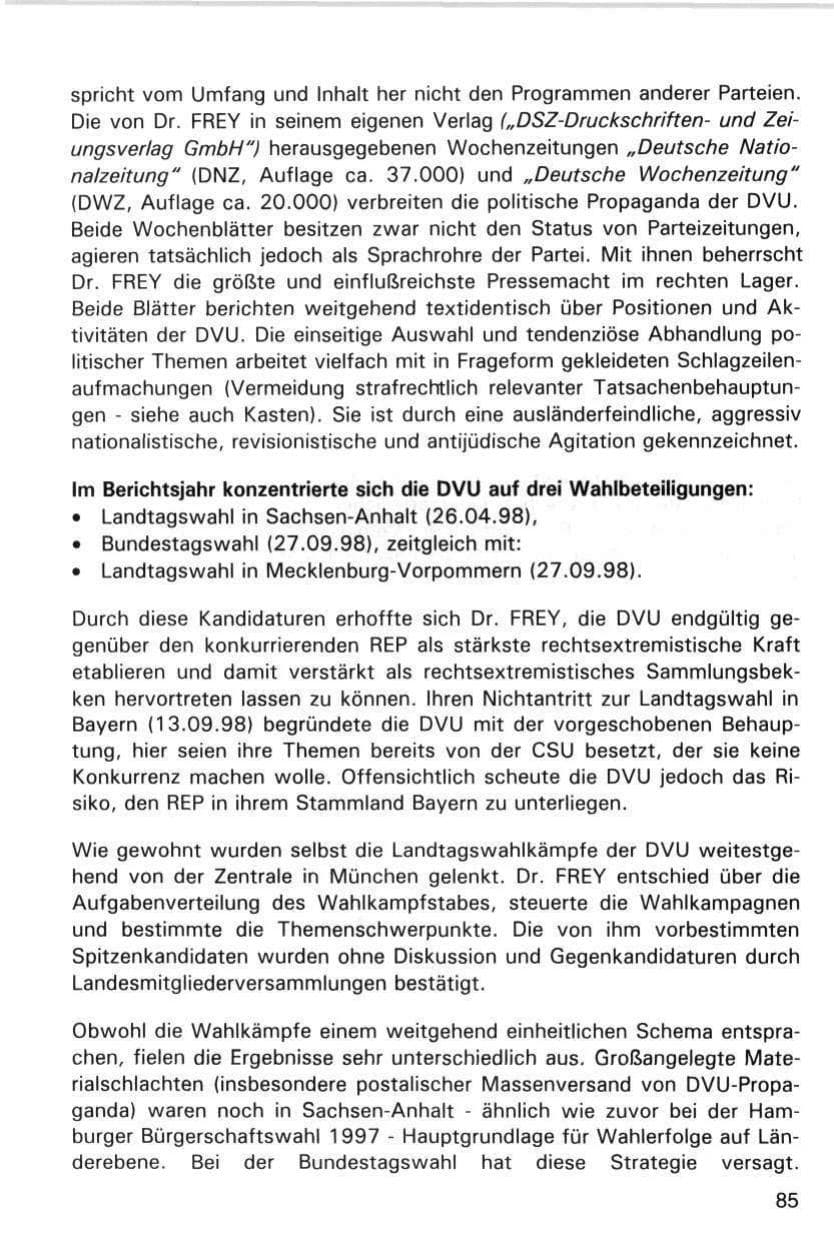 Seite 85 des Verfassungsschutzbericht 1998 Hamburg