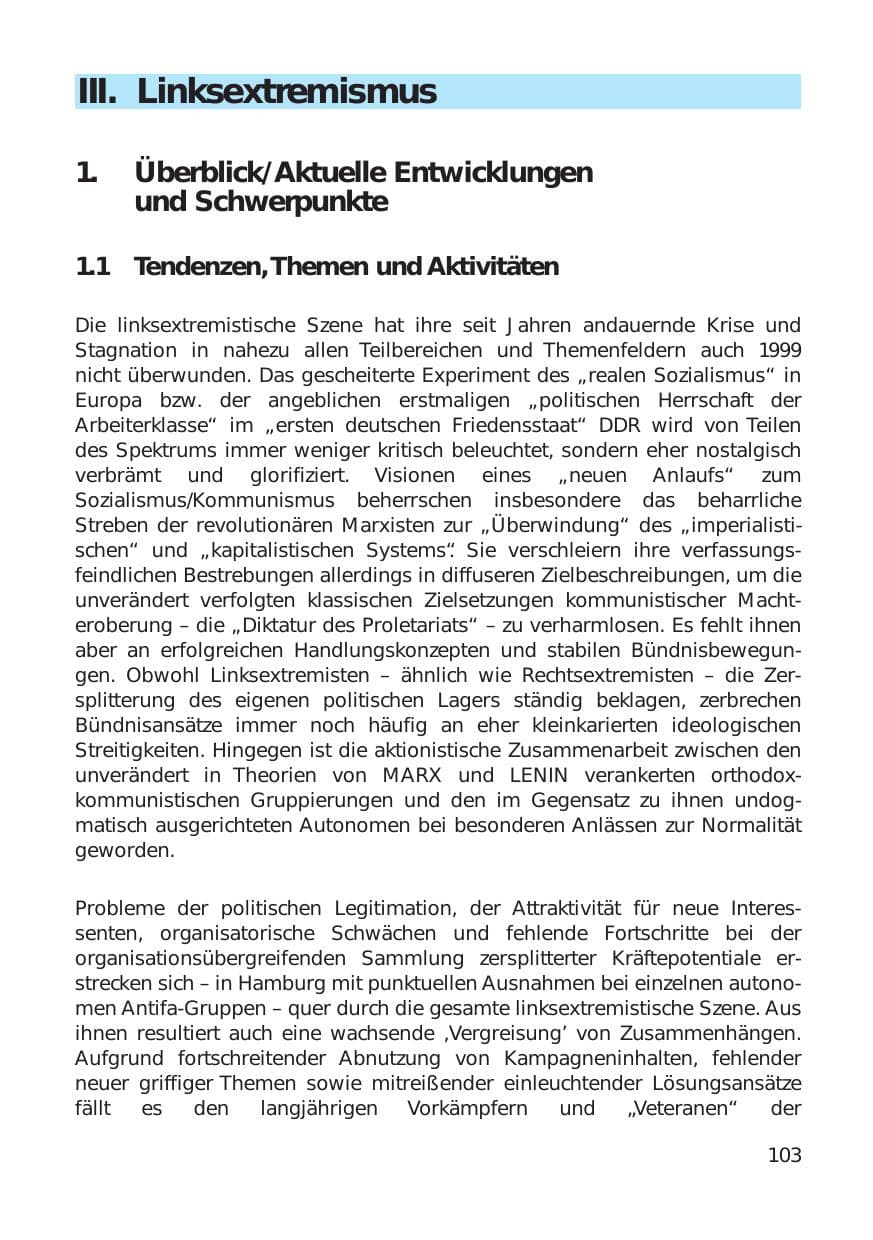 Seite 103 des Verfassungsschutzbericht 1999 Hamburg